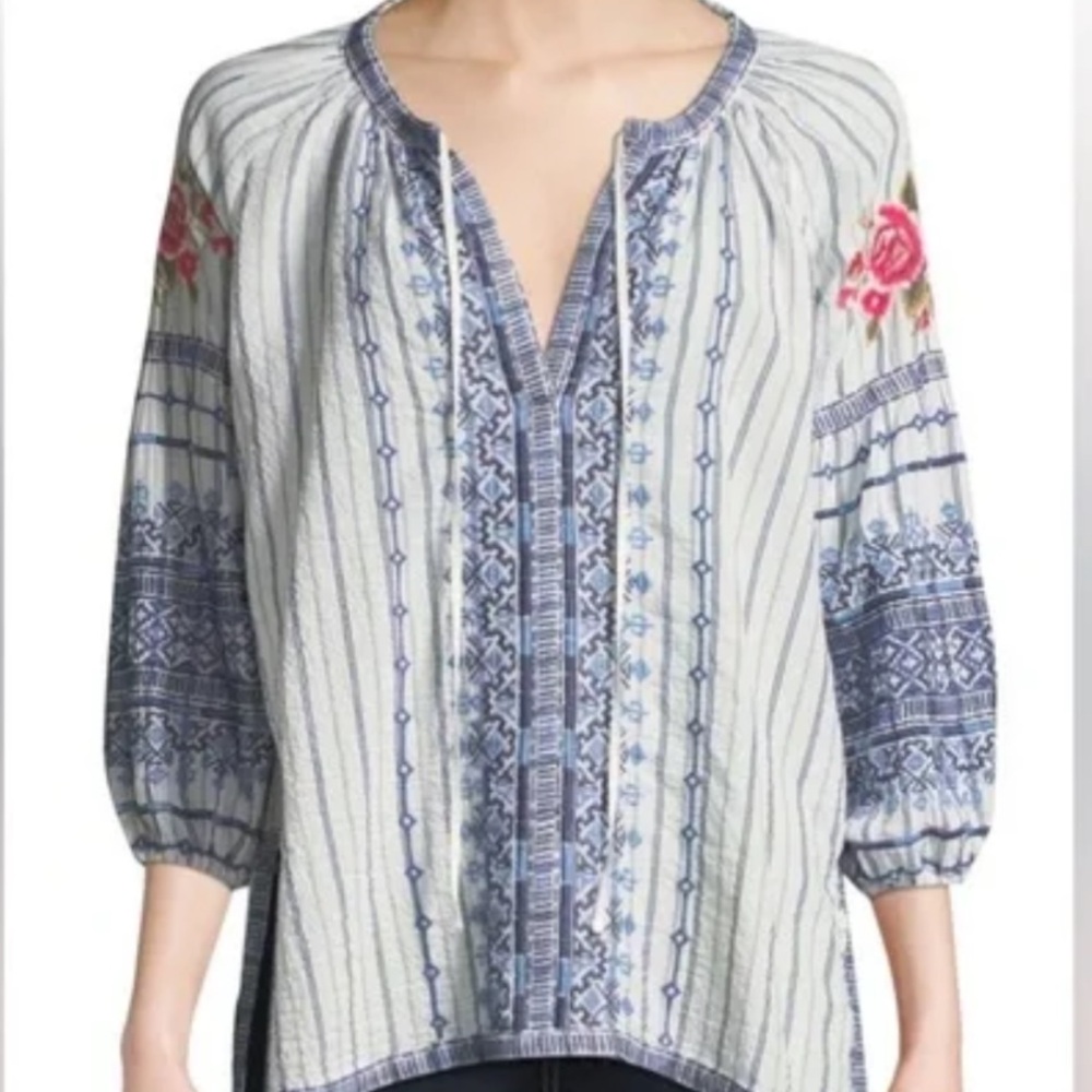 Johnny Was Blue and White Striped Blouse with Floral Accents